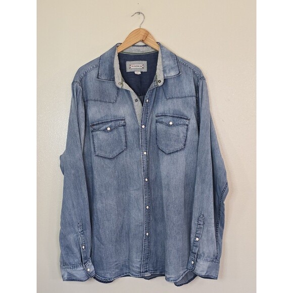 32 Bar Blues Shirt Mens XL Blue Denim Western Pearl Snap Long Sleeve Cowboy - Picture 1 of 9